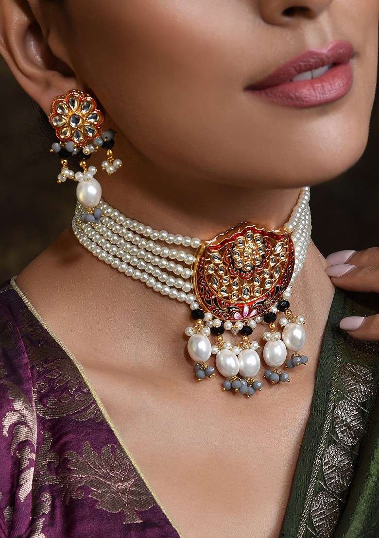 Red Gold Tone Pearl Choker Necklace Set - Indya