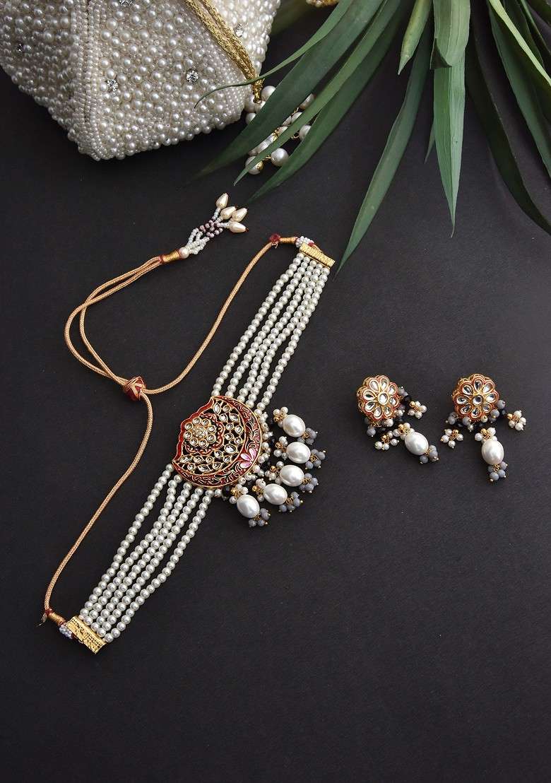 Red Gold Tone Pearl Choker Necklace Set - Indya