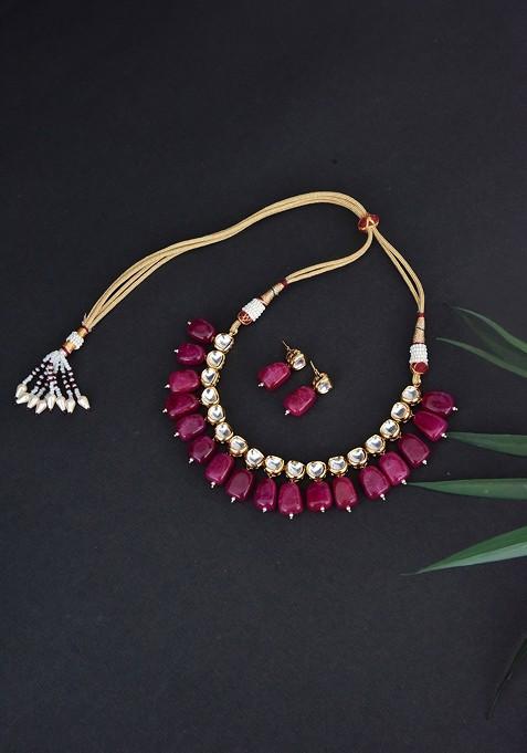 Maroon Gold Tone Kundan Necklace Set