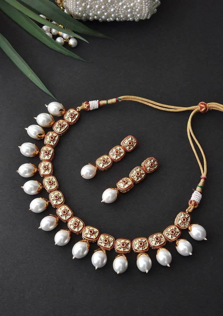 Red Gold Tone Pearl Necklace Set - Indya