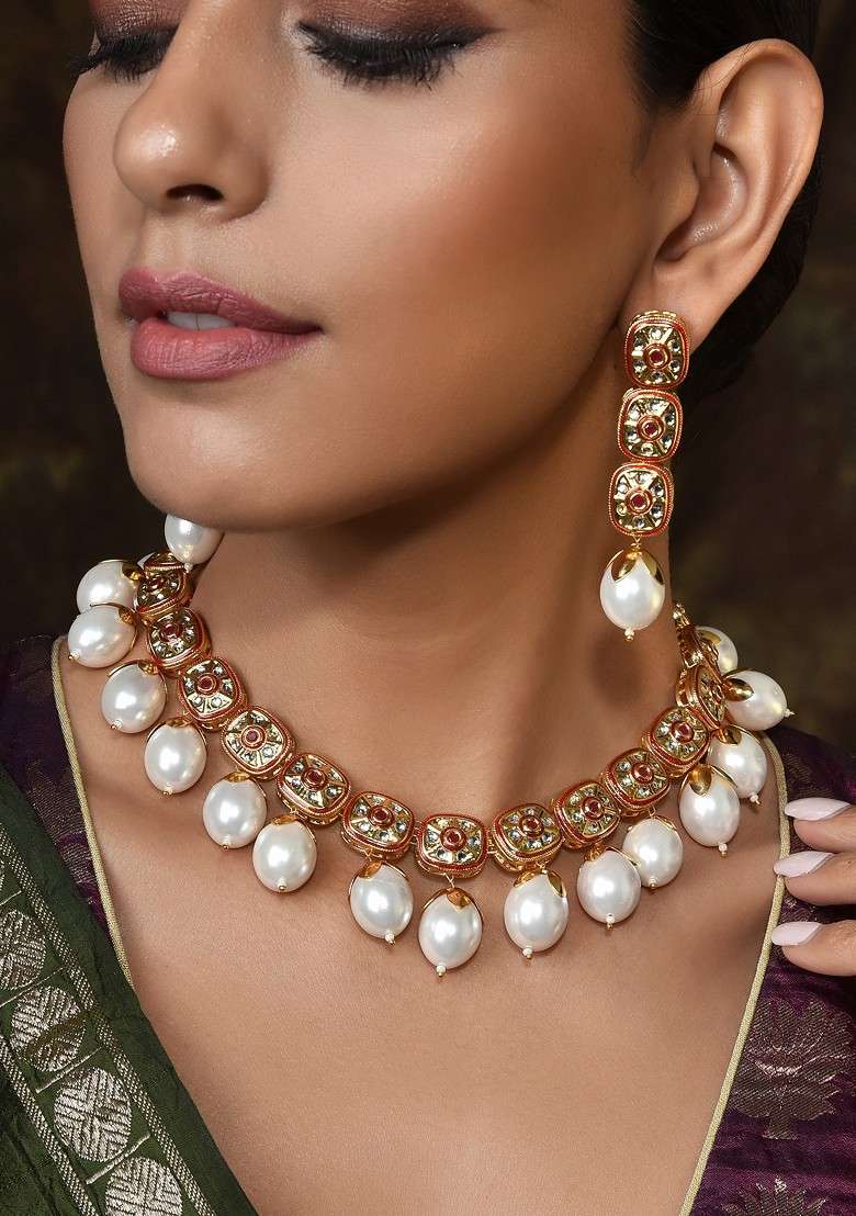 Red Gold Tone Pearl Necklace Set - Indya