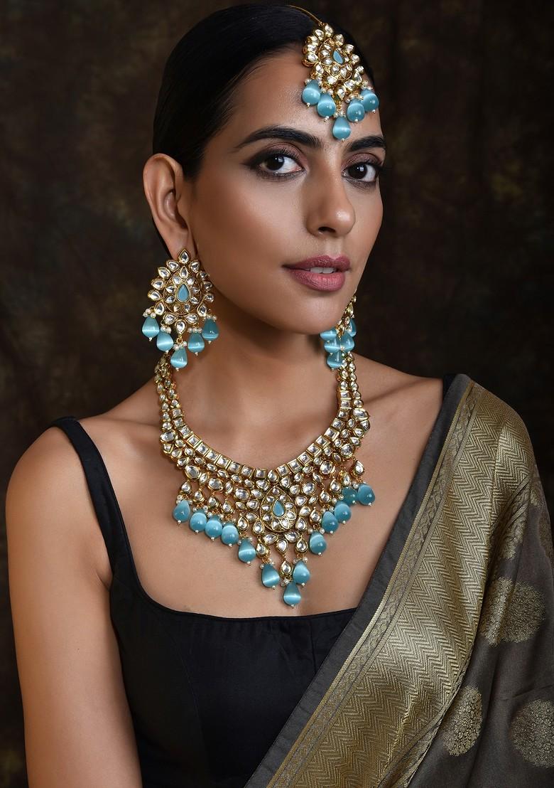 Blue Gold Tone Kundan Bridal Necklace Set With Maangtika