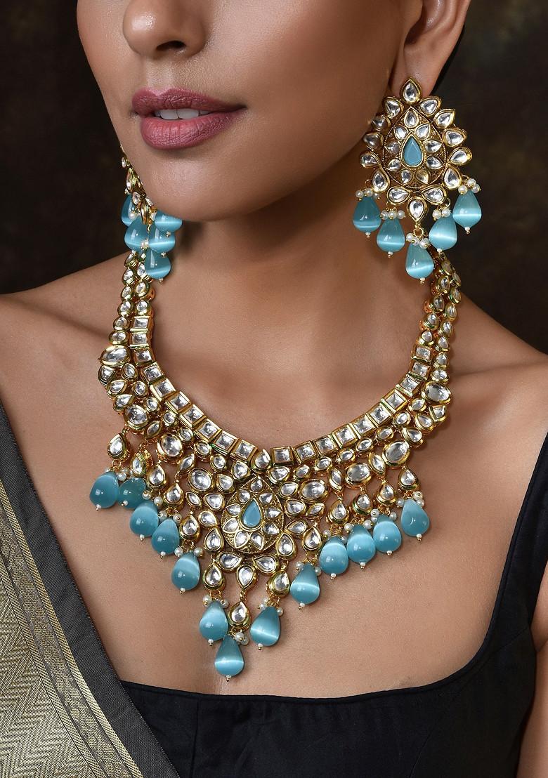 Blue Gold Tone Kundan Bridal Necklace Set With Maangtika