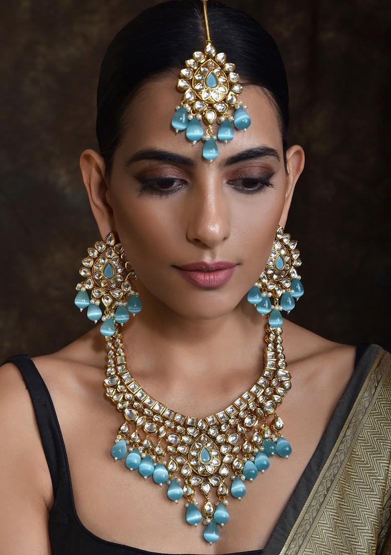 Blue Gold Tone Kundan Bridal Necklace Set With Maangtika