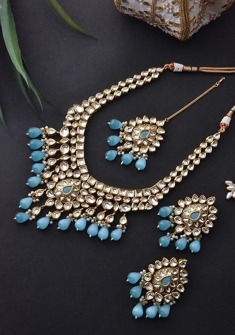 Blue Gold Tone Kundan Bridal Necklace Set With Maangtika