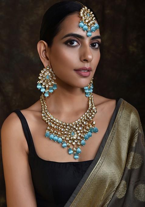 Blue Gold Tone Kundan Bridal Necklace Set With Maangtika