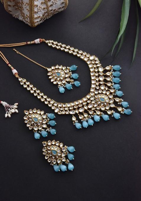 Blue Gold Tone Kundan Bridal Necklace Set With Maangtika
