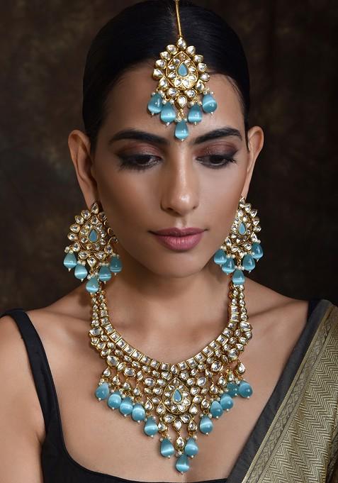 Blue Gold Tone Kundan Bridal Necklace Set With Maangtika