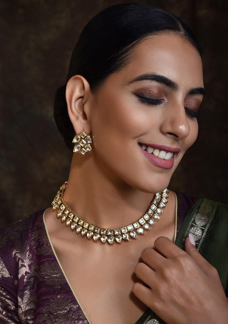 Gold Tone Kundan Necklace Set - Indya