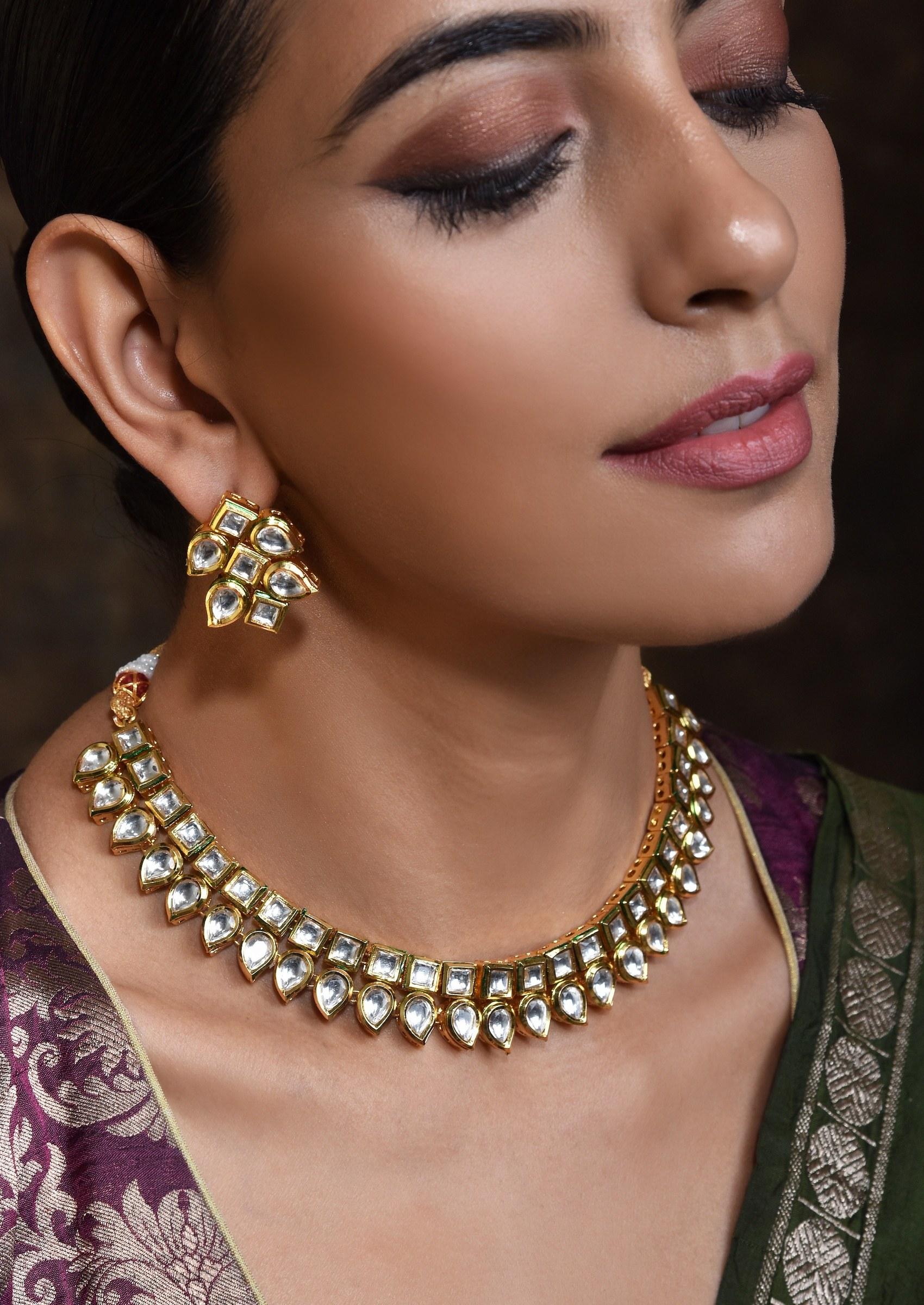 Gold Tone Kundan Necklace Set - Indya