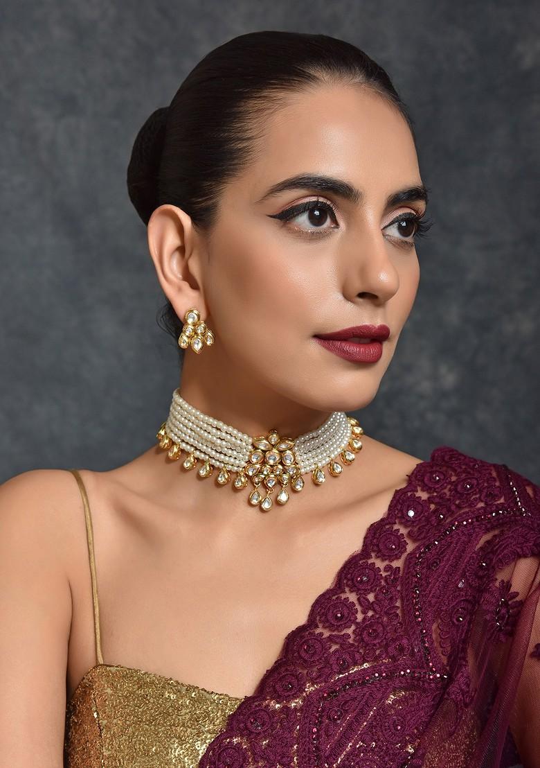 White Gold Tone Kundan Pearl Choker Necklace Set