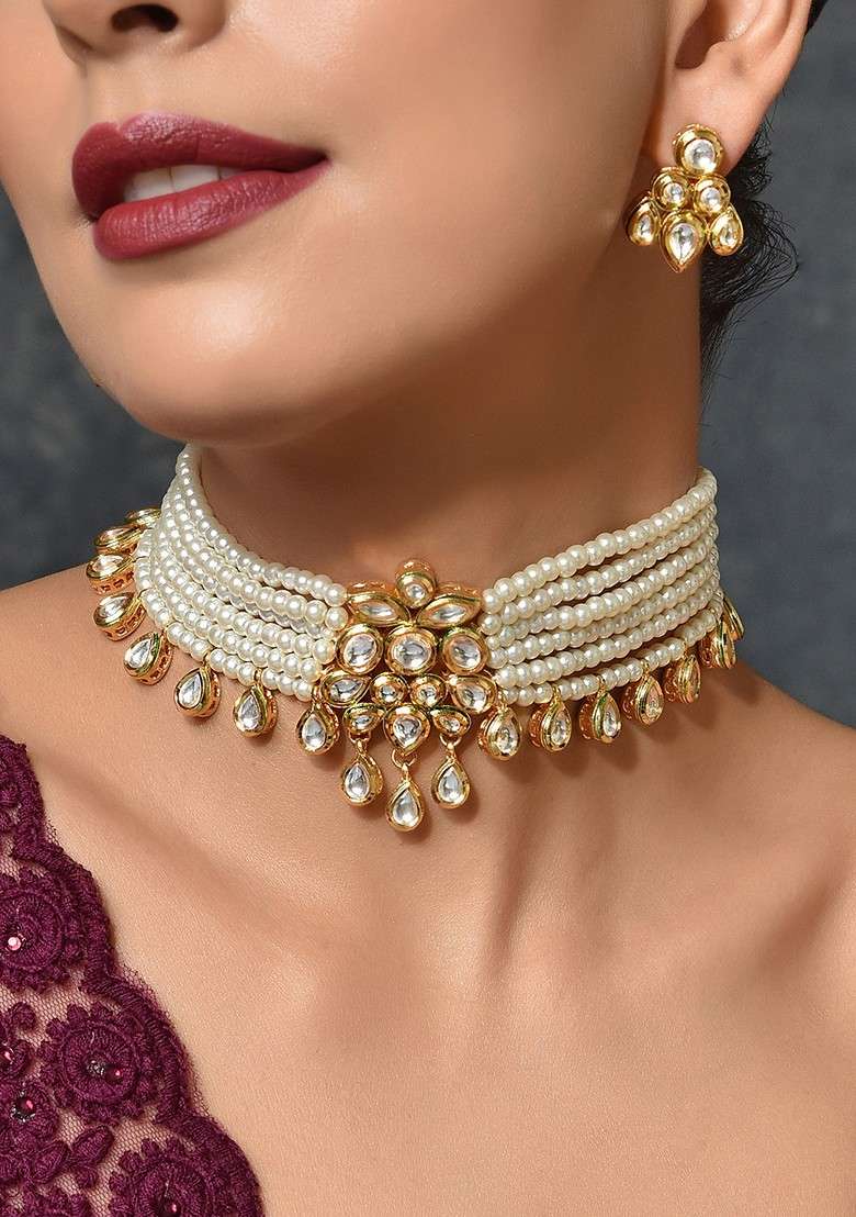 White Gold Tone Kundan Pearl Choker Necklace Set - Indya