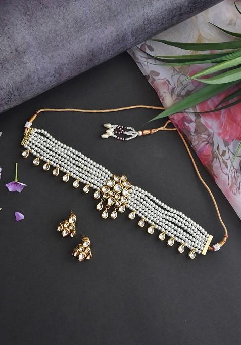 White Gold Tone Kundan Pearl Choker Necklace Set