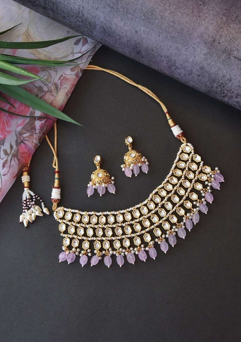 Pink Gold Tone Kundan Necklace Set - Indya