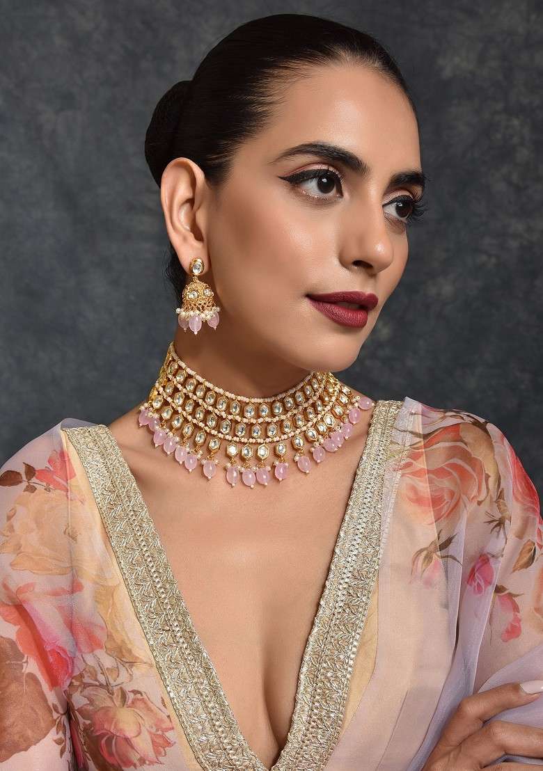 Pink Gold Tone Kundan Necklace Set - Indya