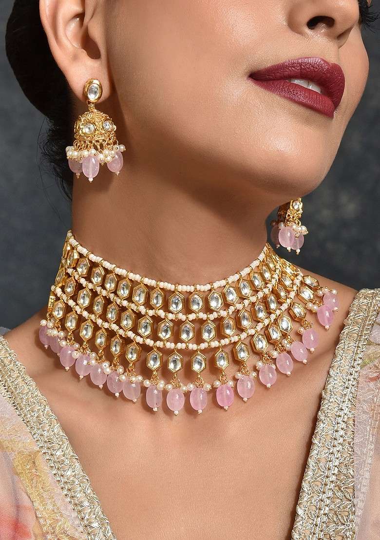 Pink Gold Tone Kundan Necklace Set - Indya