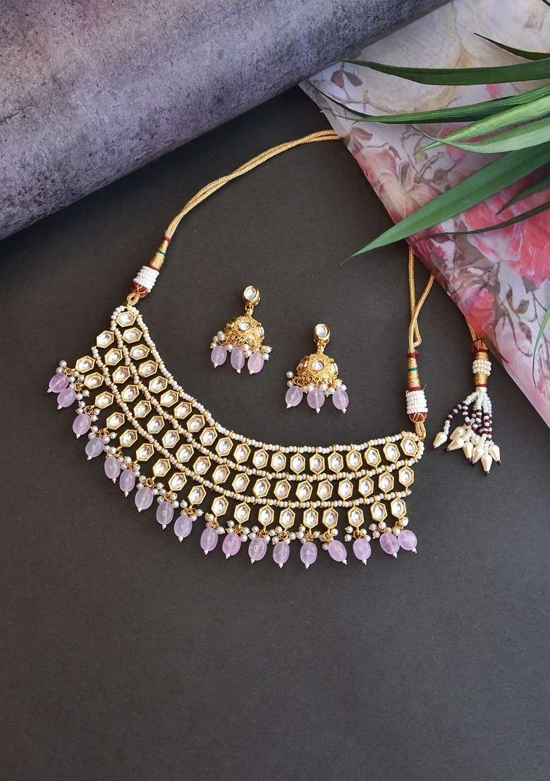 Pink Gold Tone Kundan Necklace Set - Indya