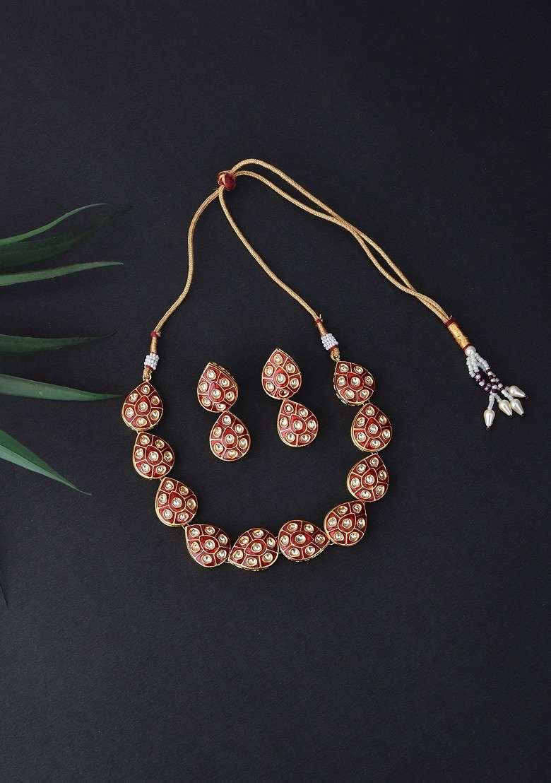 Red Gold Tone Meena Necklace Set - Indya