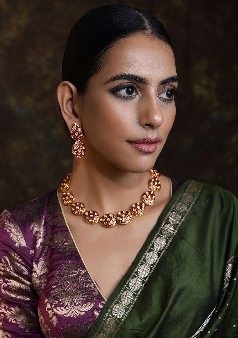 Red Gold Tone Meena Necklace Set - Indya