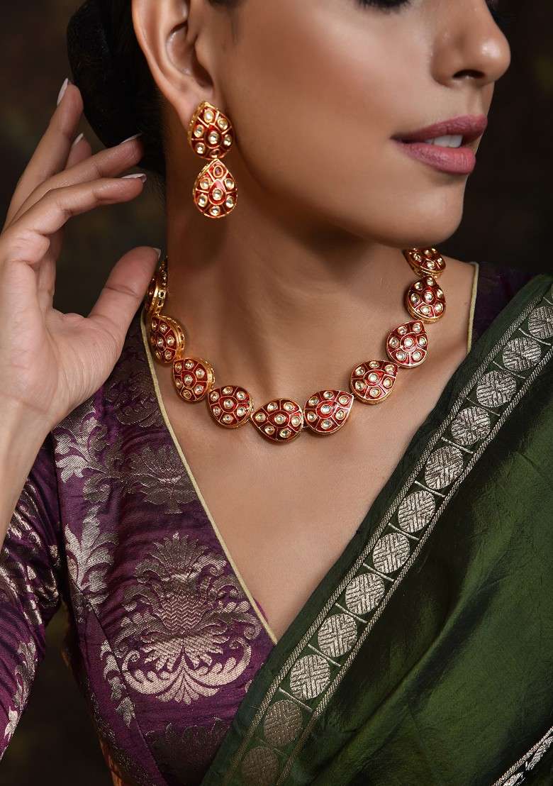 Red Gold Tone Meena Necklace Set - Indya