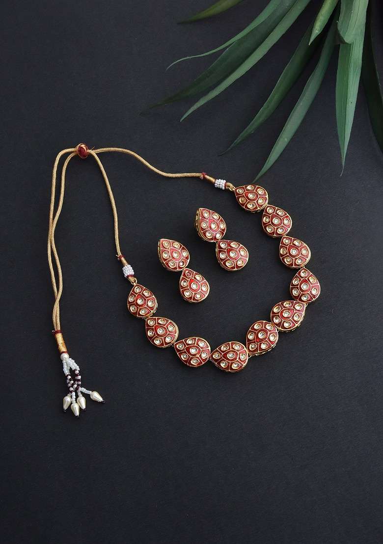 Red Gold Tone Meena Necklace Set - Indya