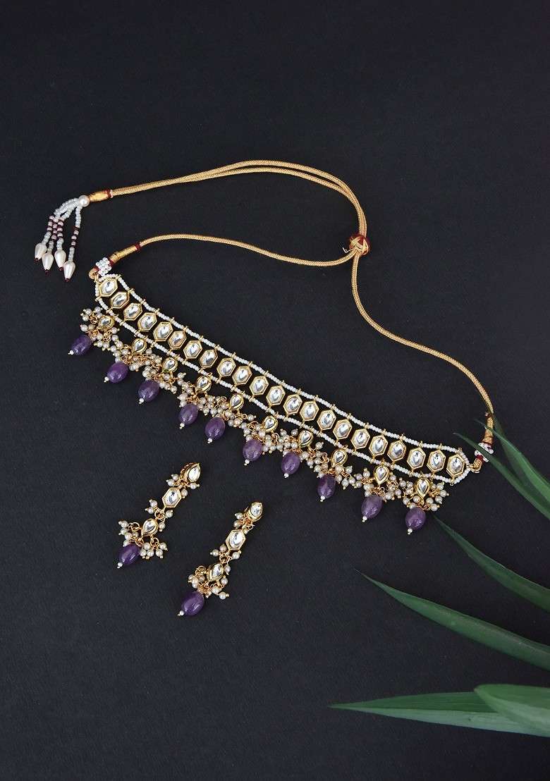 Purple Gold Tone Kundan Necklace Set - Indya