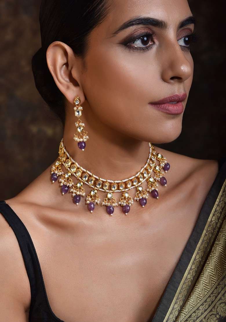 Purple Gold Tone Kundan Necklace Set - Indya