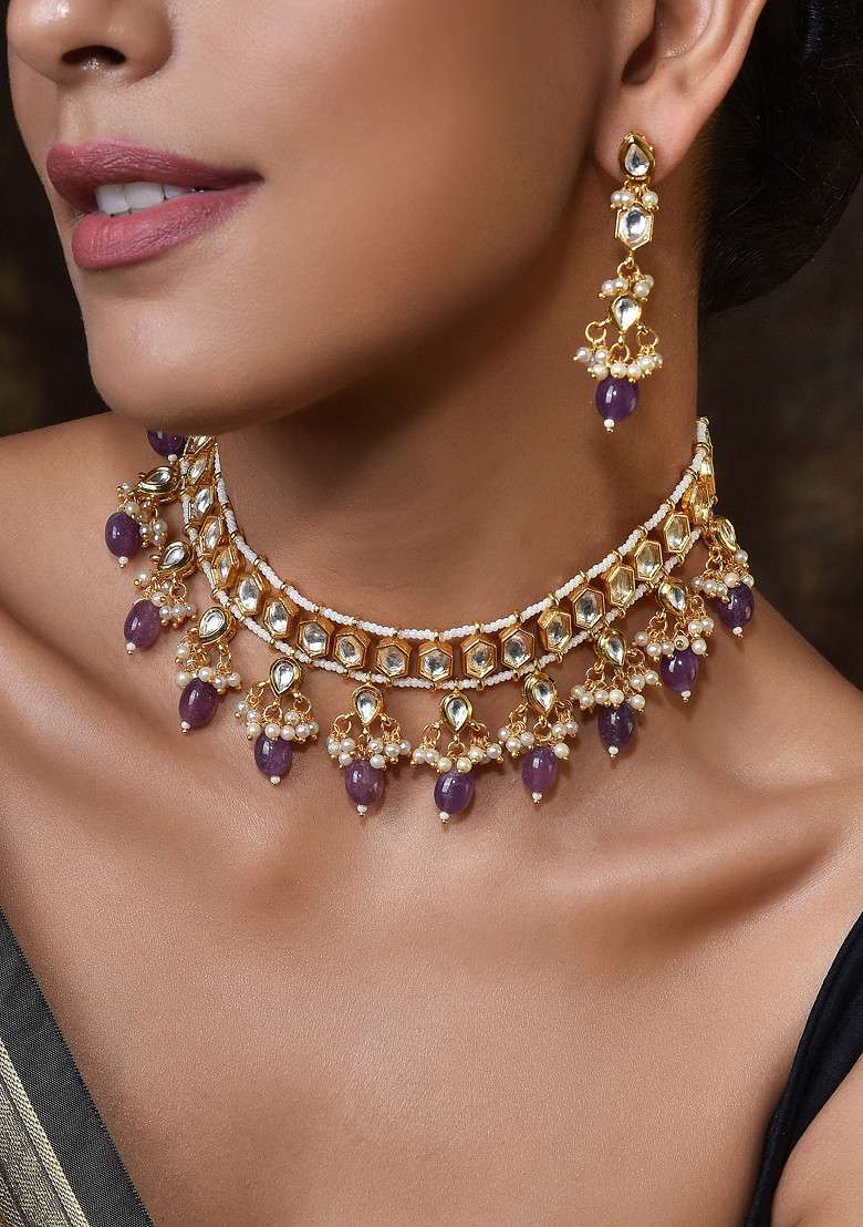 Purple Gold Tone Kundan Necklace Set - Indya