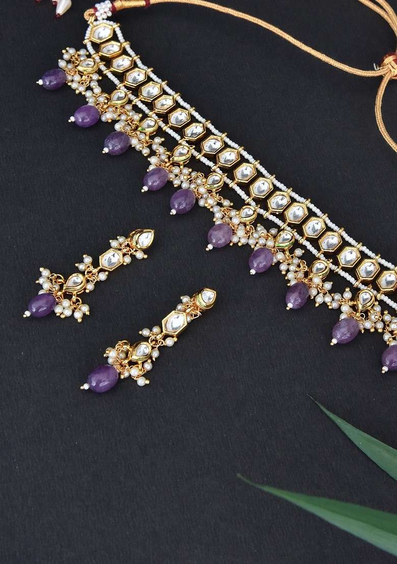 Purple Gold Tone Kundan Necklace Set - Indya