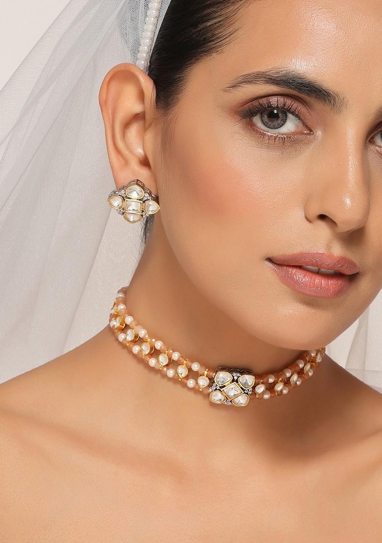 Peach Polki Choker Necklace Set