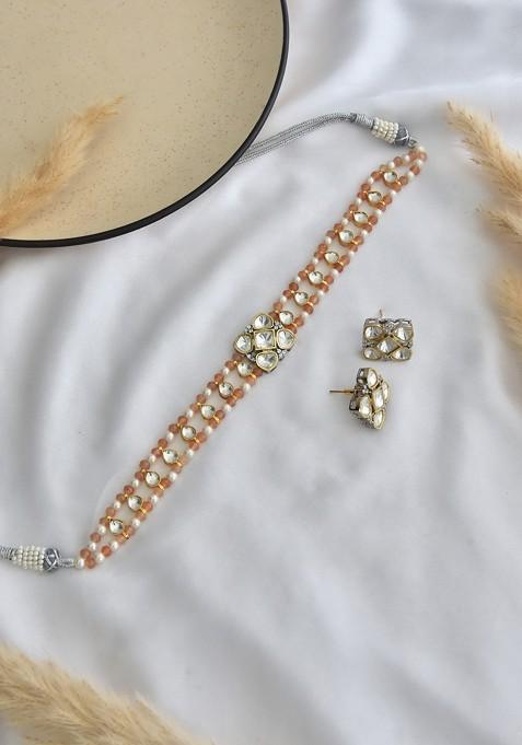 Peach Polki Choker Necklace Set