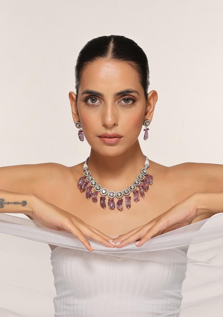 Purple Polki Necklace Set