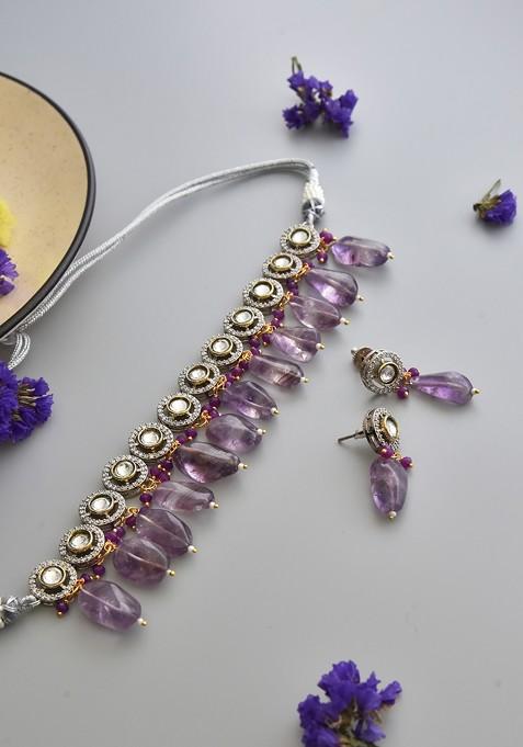 Purple Polki Necklace Set