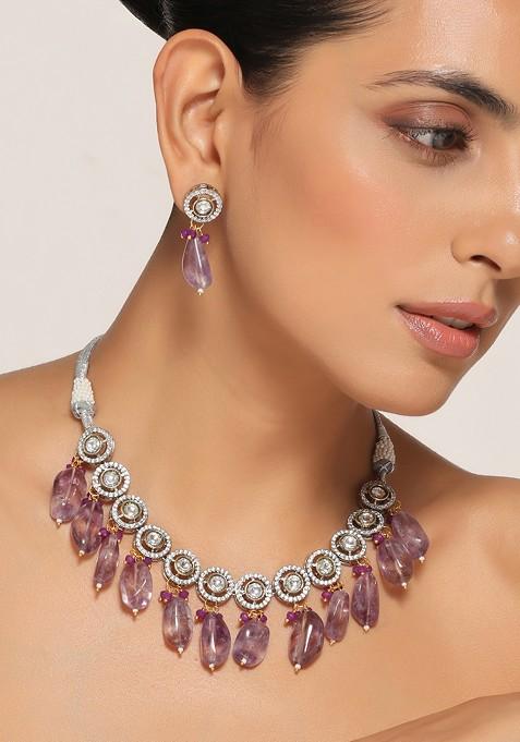 Purple Polki Necklace Set