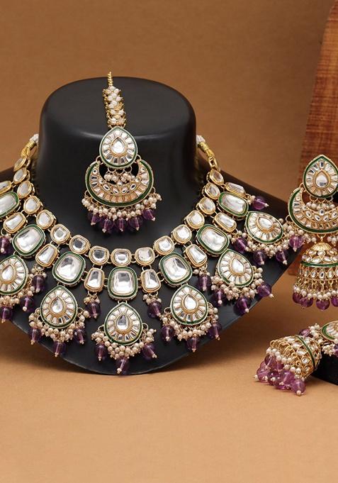 Light Purple Kundan Necklace Set With Maang Tikka