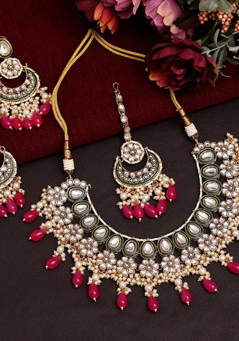 Dark Pink Meenakari Work Kundan Necklace Set With Maang Tikka