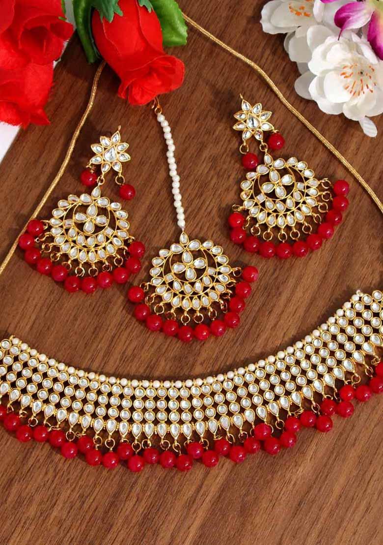 Necklace Maang Tikka With Western Dresses Buy Women Red Kundan