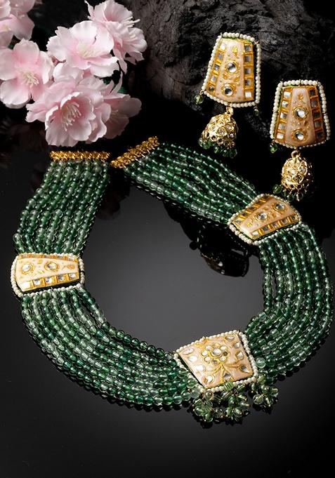 Green And Cream Gold Plated Kundan Pearl Haar Necklace With Earrings Set