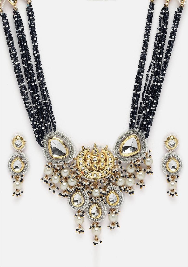 Blue Gold Plated Kundan American Diamond Haar Necklace With Earrings Set - Indya