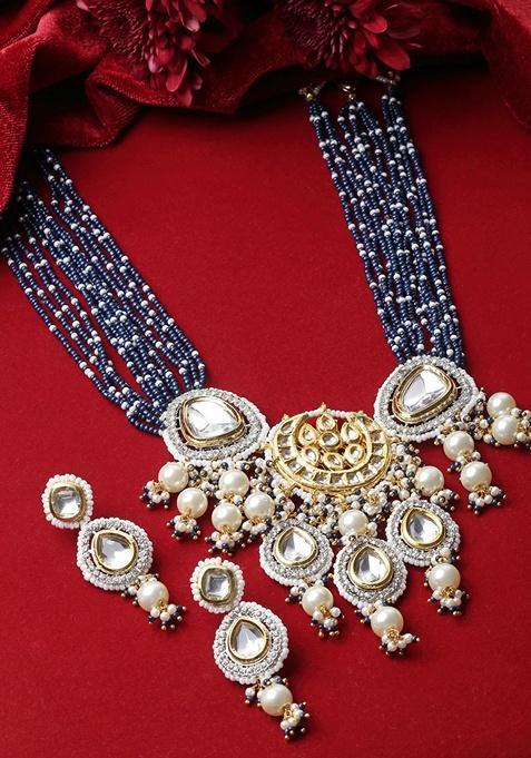 Blue Gold Plated Kundan American Diamond Haar Necklace With Earrings Set