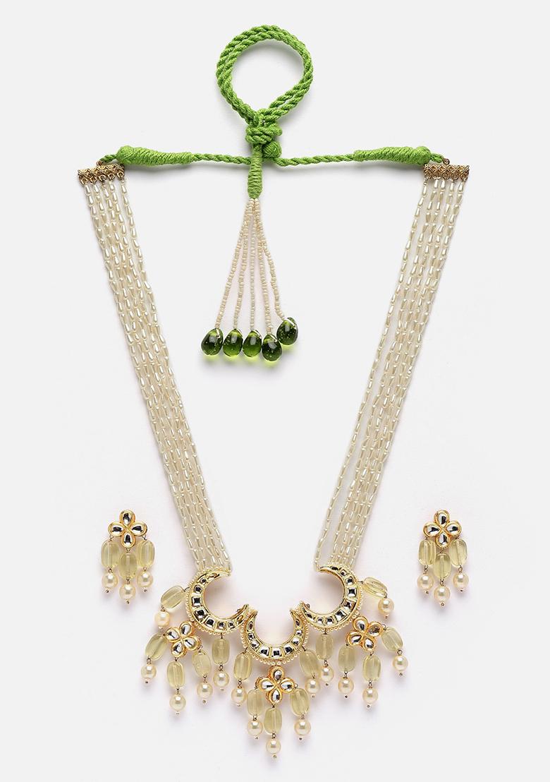 Yellow And Green Gold Plated Kundan Pearl Haar Necklace With Earrings Set