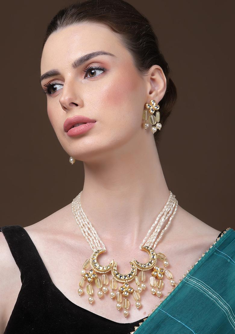 Yellow And Green Gold Plated Kundan Pearl Haar Necklace With Earrings Set