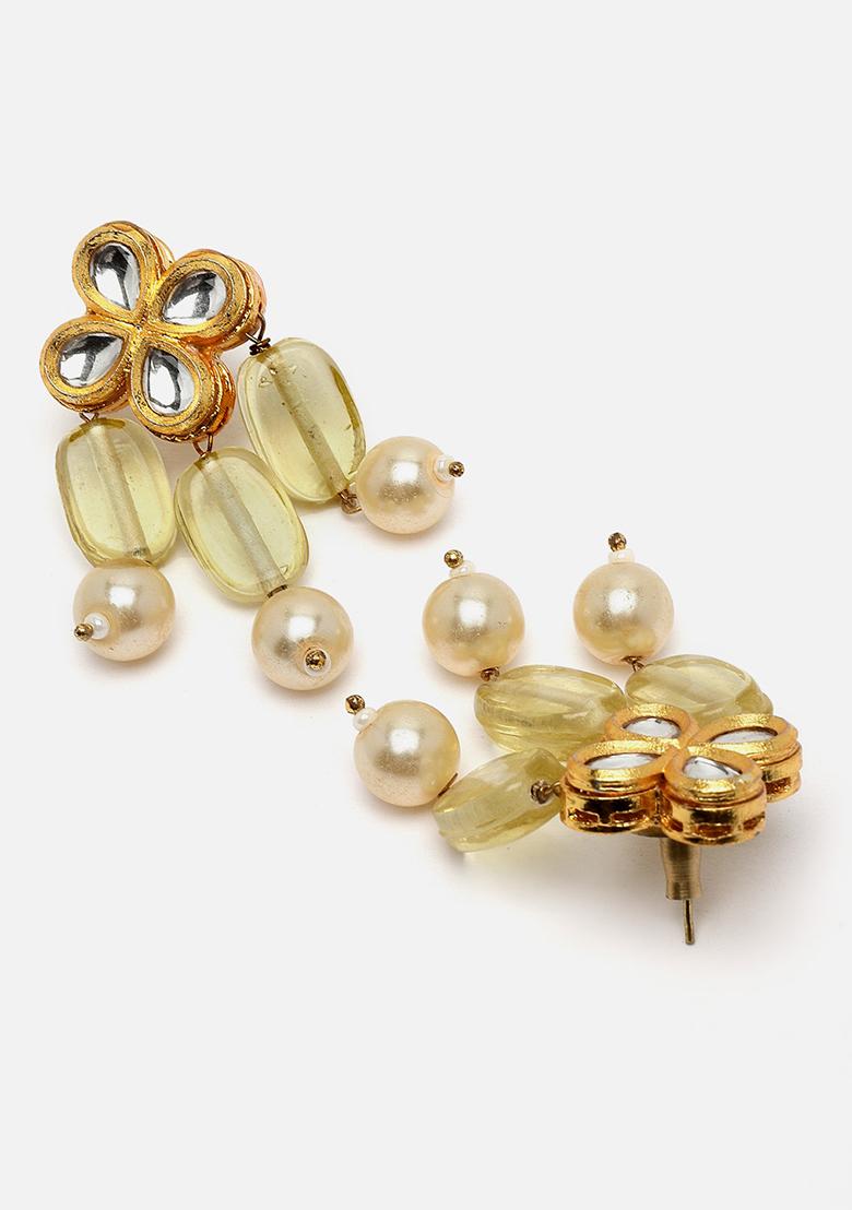 Yellow And Green Gold Plated Kundan Pearl Haar Necklace With Earrings Set