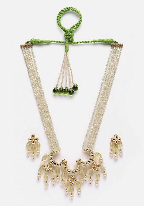 Yellow And Green Gold Plated Kundan Pearl Haar Necklace With Earrings Set