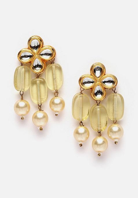 Yellow And Green Gold Plated Kundan Pearl Haar Necklace With Earrings Set