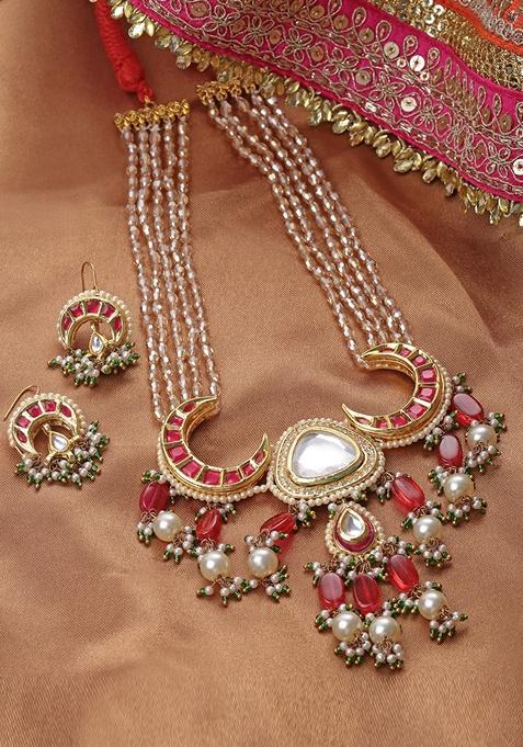 Red And Green Gold Plated Kundan American Diamond Haar Necklace With Earrings Set