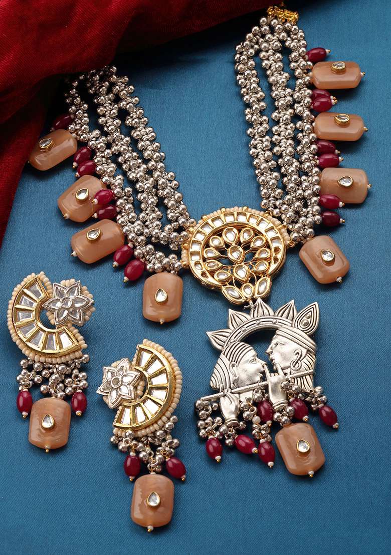 Orange And Silver Gold Plated Kundan Pearl Haar Necklace With Earrings Set - Indya