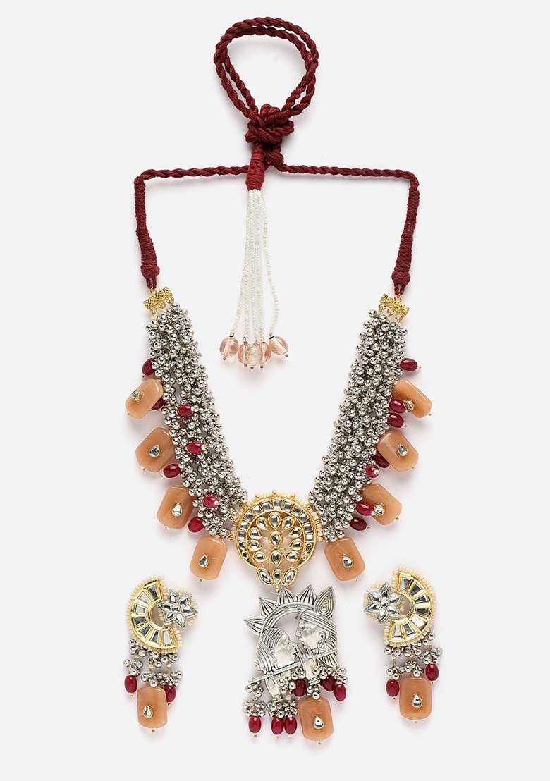 Orange And Silver Gold Plated Kundan Pearl Haar Necklace With Earrings Set - Indya