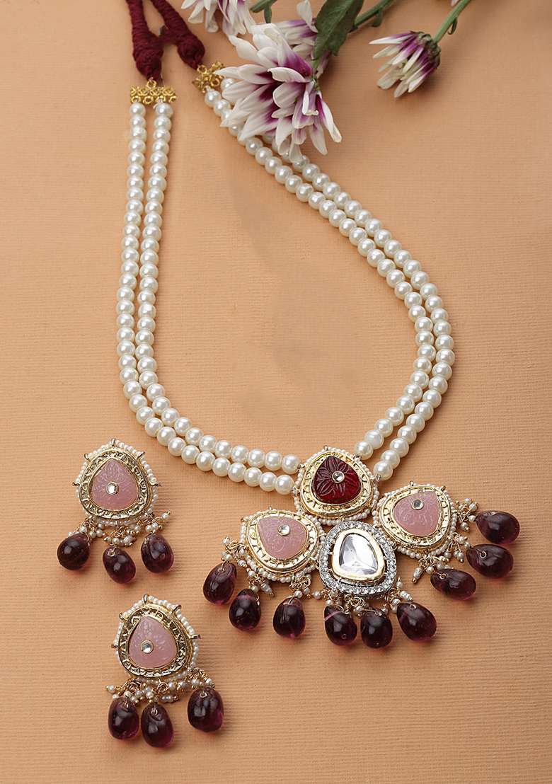 Maroon And Pink Gold Plated Kundan American Diamond Haar Necklace With Earrings Set - Indya