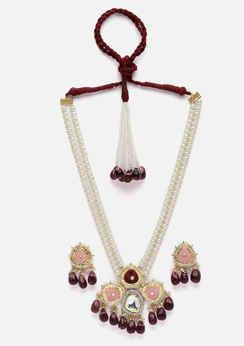 Maroon And Pink Gold Plated Kundan American Diamond Haar Necklace With Earrings Set - Indya